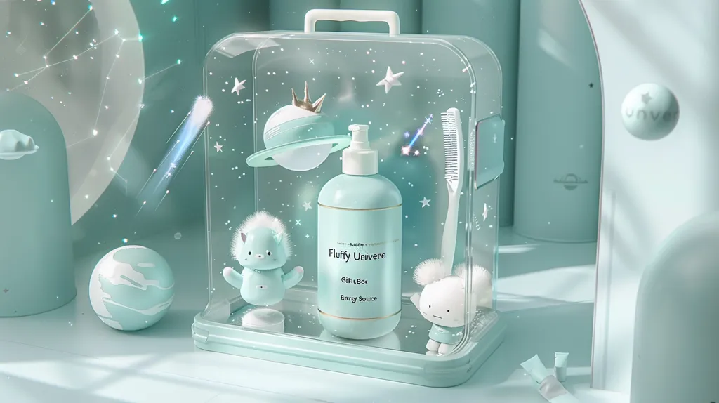 A clear plastic suitcase with a light blue handle holds a collection of cute, fluffy items. There is a bottle of lotion labeled "Fluffy Universe Gift Box Energy Source," a small fuzzy white creature, a toothbrush, and a toy planet with a crown. The suitcase sits on a table with a light blue background and a star-shaped constellation in the background.  There are several other pastel blue orbs and a shooting star in the background.