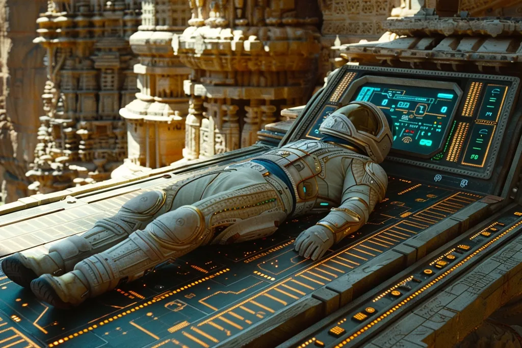 An astronaut in a white, futuristic spacesuit lies on a control panel with a digital display. The panel is part of a larger, metallic structure. Behind the astronaut is a massive, ancient-looking, stone structure. The image has a sci-fi aesthetic.