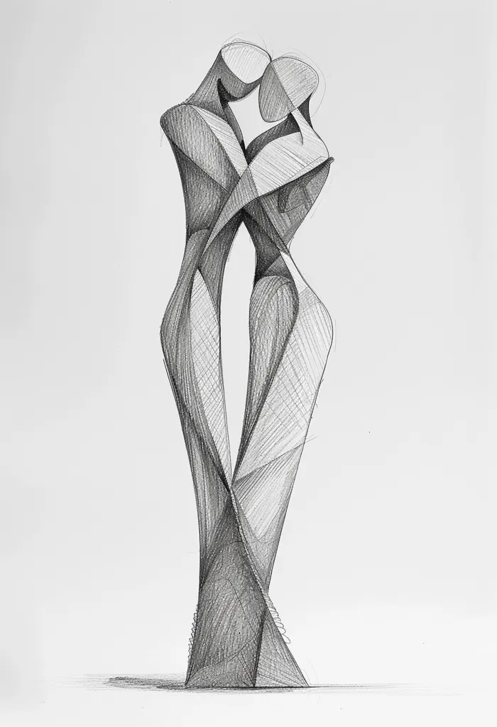 A pencil drawing of two figures embracing. The figures are stylized and drawn with many overlapping lines that create a sense of depth and movement. The drawing is minimalist and suggestive of a loving couple. The figures are tightly intertwined, their bodies forming a single shape. The drawing is set against a white background.  The style is suggestive of modern art.