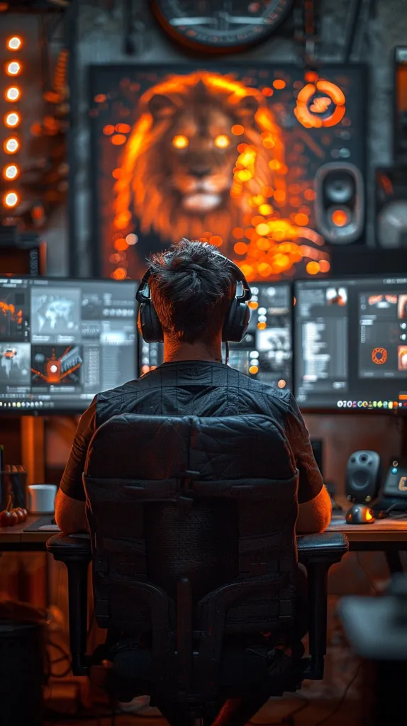 A person sits in a black gaming chair in front of two computer monitors. They are wearing headphones and are facing away from the camera, focused on the screens. A large painting of a lion with glowing eyes hangs on the wall behind the monitors. The room is dimly lit, with warm, orange lighting.  There is a desk in front of the person with various objects on it, including a cup and some cables. The overall tone of the image is one of focus and concentration.