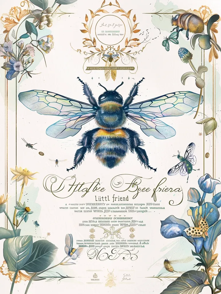 A large bumblebee with iridescent wings sits in the center of a botanical illustration. The bee is surrounded by stylized flowers, leaves, and other insects. The image is framed with a decorative border and includes text in a cursive font. The artwork has a vintage aesthetic and evokes a sense of nature and wonder.