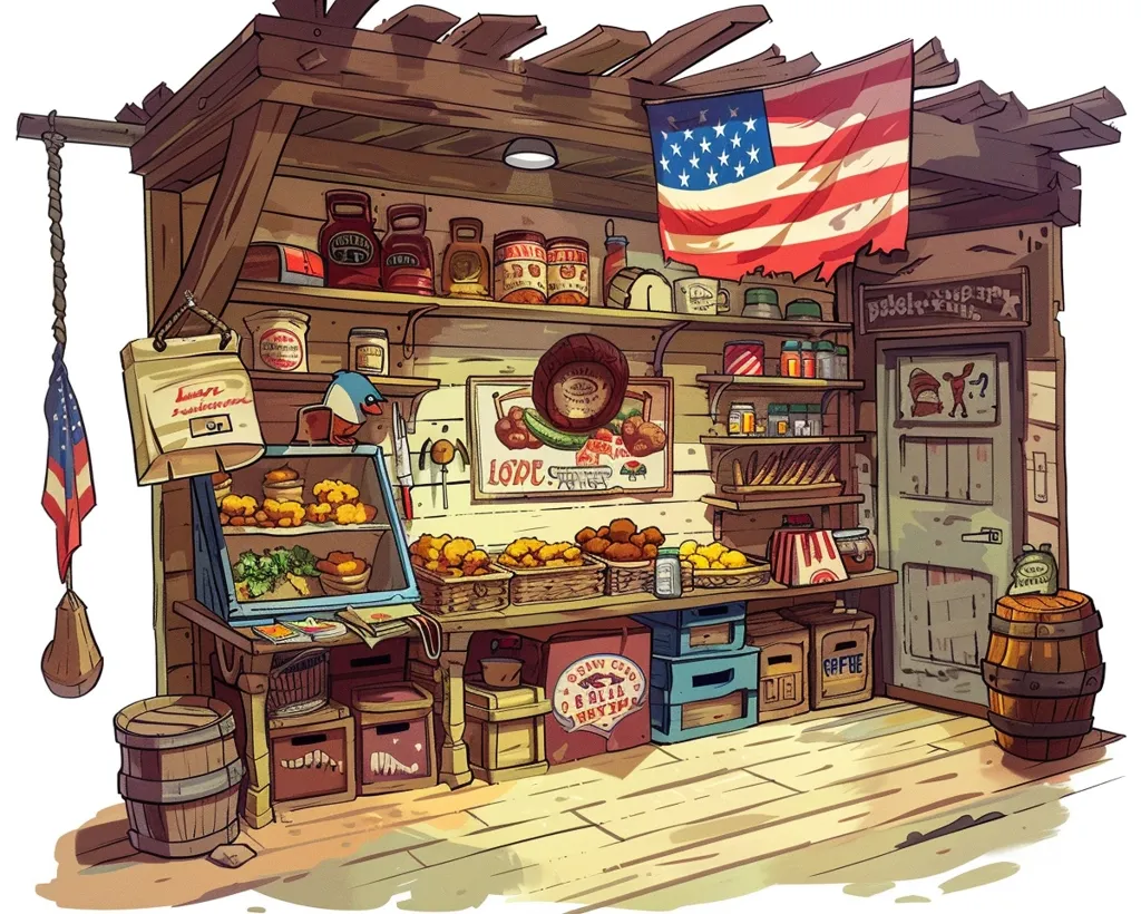 A cartoon-style depiction of a small, rustic shop.  It has shelves stocked with various goods, a counter with displays of food, a blue bird figurine, and barrels. The shop has an American flag hanging from the ceiling.  A wooden sign above the doorway reads "Breakfast Club".  The shop interior is warm and inviting, with wooden floors and walls.  The overall feel is charming and wholesome.