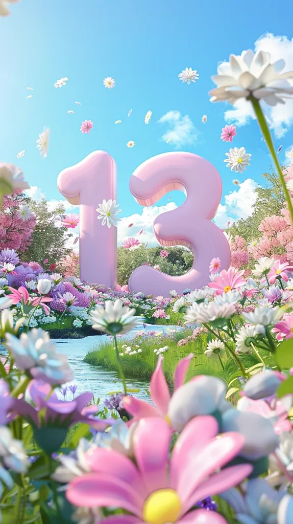 A bright, sunny day is depicted, showcasing a whimsical scene. A large, pink, 3D number "13" stands in a field of blooming flowers, with a stream running through the center. The sky is blue with fluffy white clouds and delicate pink petals falling from above. The image evokes a sense of joy, youth, and celebration.