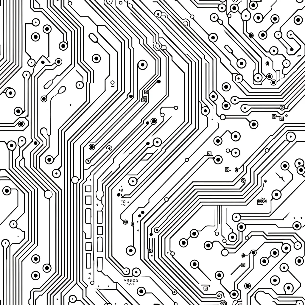 The image shows a close-up of a circuit board. The board is made up of a complex network of interconnected lines and circles, representing the pathways for electrical signals. The lines are thin and intricate, creating a detailed pattern that resembles a miniature city. The circles are of varying sizes and represent components or connections within the circuit. The overall image is abstract and evokes a sense of technology and complexity.