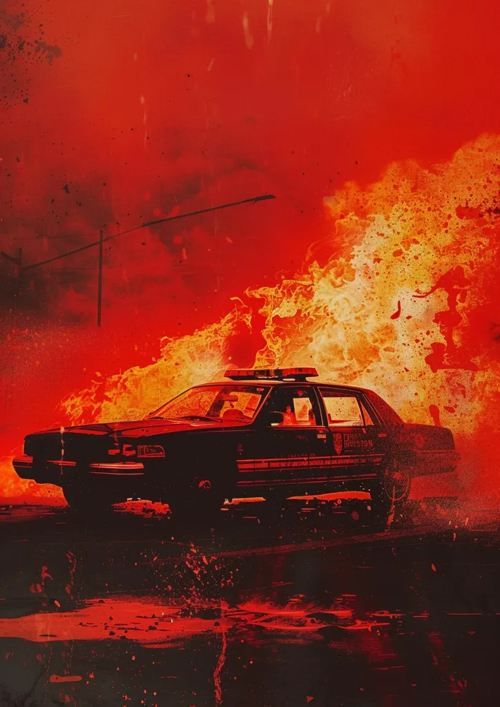 A black police car drives through a fiery landscape.  The car is silhouetted against a backdrop of bright orange and red flames, which appear to be engulfing the entire area.  The sky is a deep red, and the ground is covered in a layer of ash. The scene is one of chaos and destruction.