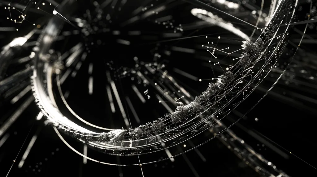 The image shows a  black and white abstract design. It appears to be a network of lines and dots, creating a  circular,  almost organic-looking shape in the center. The lines appear to be a bit blurred, adding to the abstract quality of the image. The design creates a sense of depth and texture, despite being black and white.  It evokes a feeling of connectivity and technology.