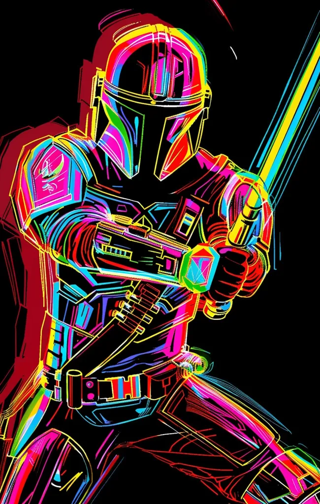 A neon-colored image of a Mandalorian warrior, the character from the popular Star Wars television series "The Mandalorian," wielding his signature blaster rifle. The image is set against a black background and features vibrant, swirling colors. The Mandalorian's helmet and armor glow in a mix of pink, yellow, green, and blue, while his lightsaber emits a bright beam of light. The overall effect is a dynamic and striking depiction of the character in a futuristic, sci-fi setting.