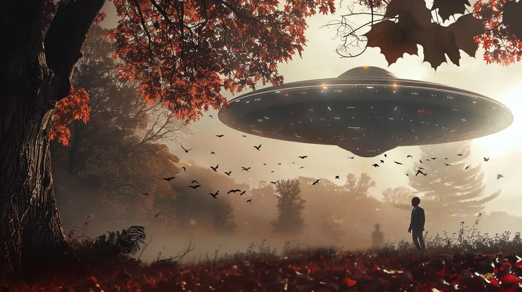 A large, silver UFO hovers over a misty forest, casting a long shadow on the ground below. A lone figure stands in the clearing, gazing up at the unidentified object. Birds fly in a scattered formation across the sky, creating a sense of awe and mystery. The scene is framed by a large tree with red autumn leaves, adding a touch of color to the otherwise muted palette. The image suggests a sense of anticipation and wonder.