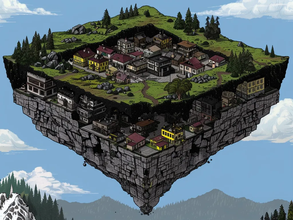 The image depicts a floating island town nestled in a lush green landscape with rocky cliffs. The town is filled with colorful buildings and houses, all connected by small winding paths and cobblestone streets. The island appears to be suspended above a valley with mountains in the distance, giving a sense of isolation and wonder. The sky above is bright blue with fluffy white clouds. The image suggests a whimsical and fantastical world where the impossible becomes reality.