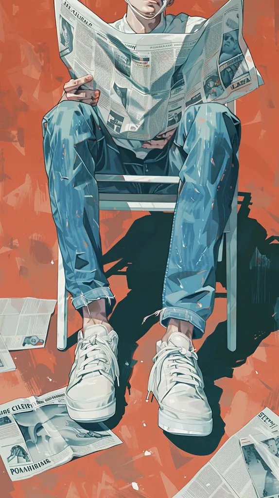 A person in blue jeans and a white shirt sits on a chair. They are reading a newspaper with their head down. Their white sneakers are on the floor and there are newspapers scattered around them. The background is a vibrant orange.  The image is stylized, almost like a painting.  The person's face is hidden by the newspaper.