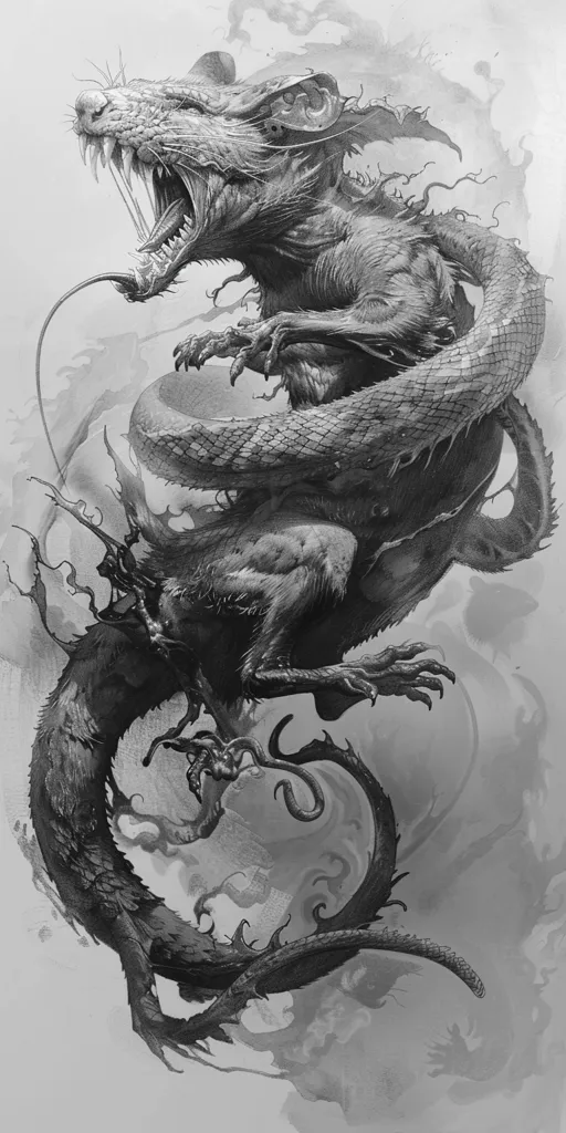 The image is a black and white drawing of a monstrous creature that appears to be a rat with a serpentine body. It has a large head with sharp teeth and a long tail, and its body is covered in scales. The creature is in a menacing pose, with its mouth open wide in a roar, as if it is ready to attack. The background is a hazy blur, adding to the menacing atmosphere of the image.