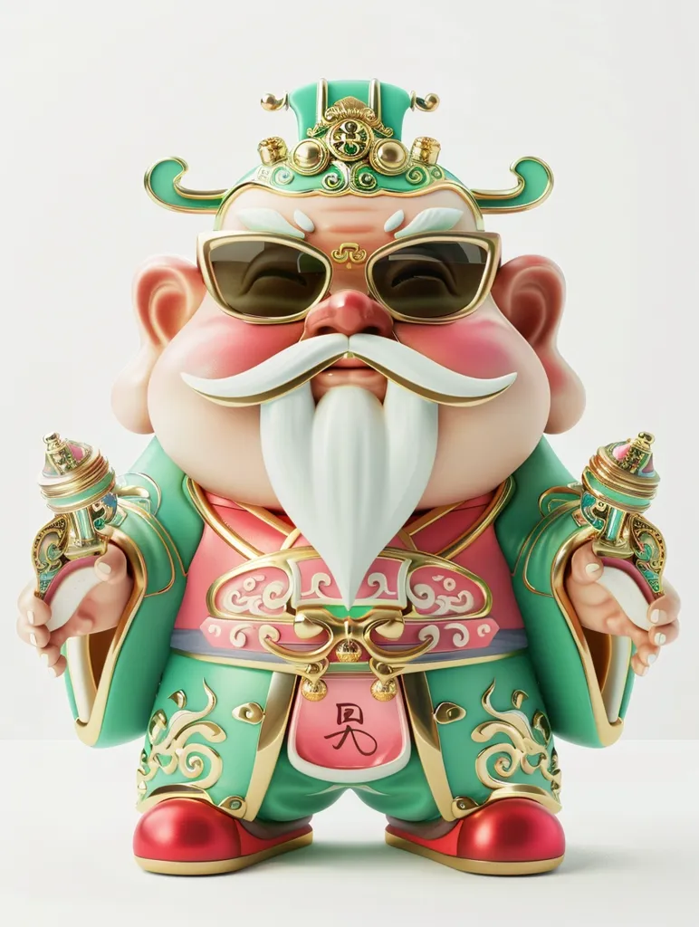 The image shows a cartoon-like character with a large, round face, a long white beard, and a green and gold robe. He is wearing sunglasses and holding two golden staffs. The character has a cheerful expression and is adorned with ornate details.  The overall design suggests a playful and celebratory theme, potentially associated with Chinese culture and traditions.