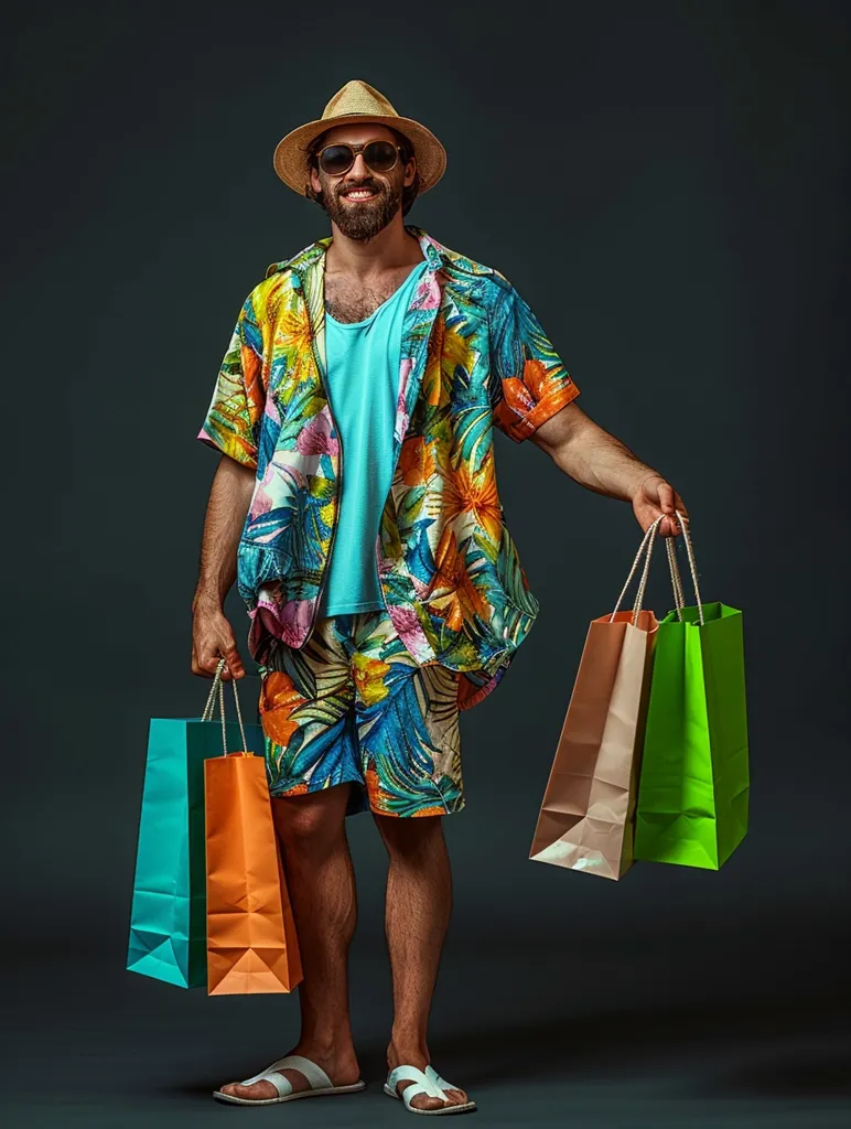 A man in a tropical print shirt and shorts, wearing a straw hat and sunglasses, smiles while holding three shopping bags. He stands against a dark grey background, showcasing a casual and relaxed summer style. The vibrant colors of his clothing and the bags create a visually appealing contrast against the backdrop.