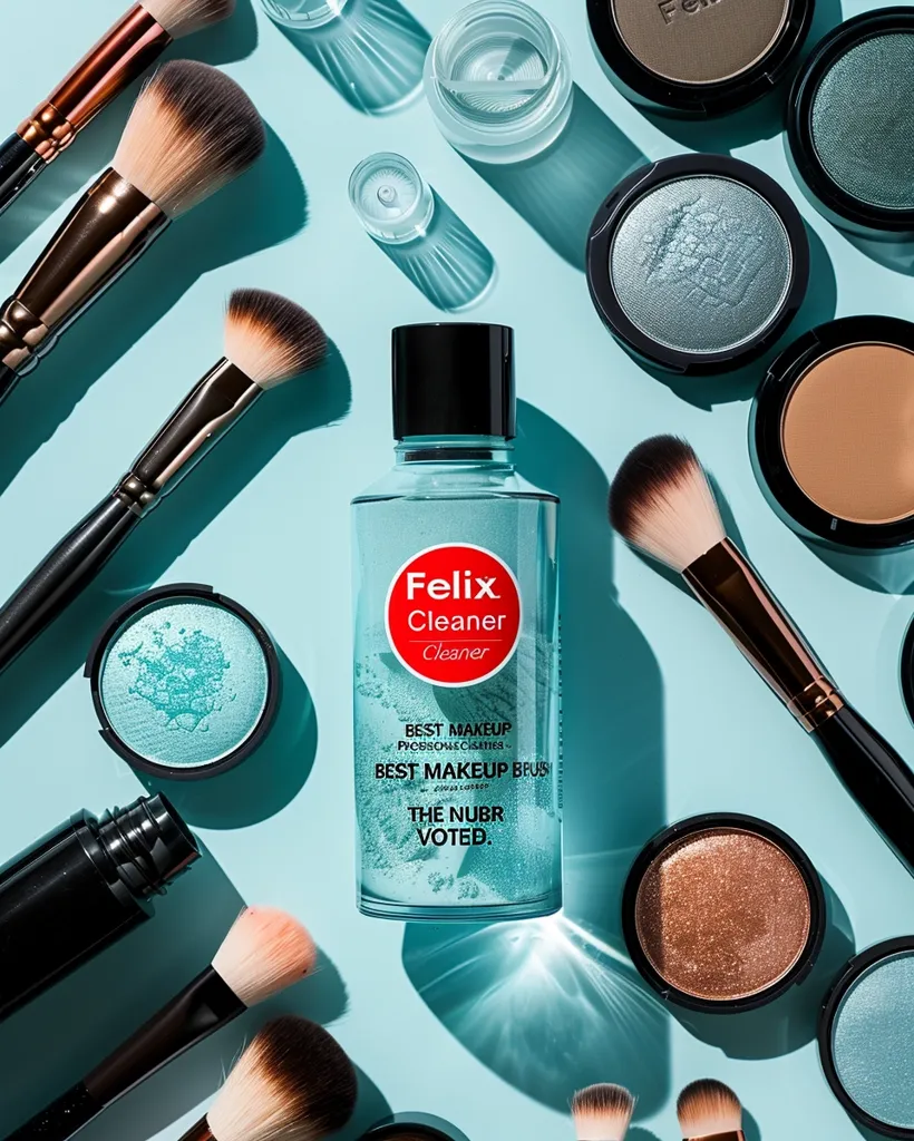 A bottle of Felix makeup cleaner sits in the center of a flat lay of makeup brushes and eyeshadow palettes. The bottle is clear and shows the product, with a red circle that reads "Felix Cleaner." The background is a light blue, and the items are arranged in a visually pleasing way.