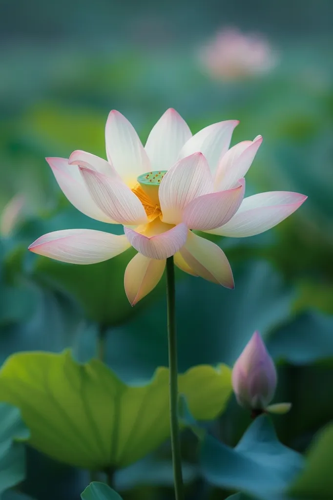 A delicate pink lotus flower stands tall against a backdrop of lush green leaves. Its petals are soft and translucent, with a hint of yellow in the center.  A smaller lotus bud sits behind it, signifying new life and growth. The overall image evokes a sense of serenity and tranquility.