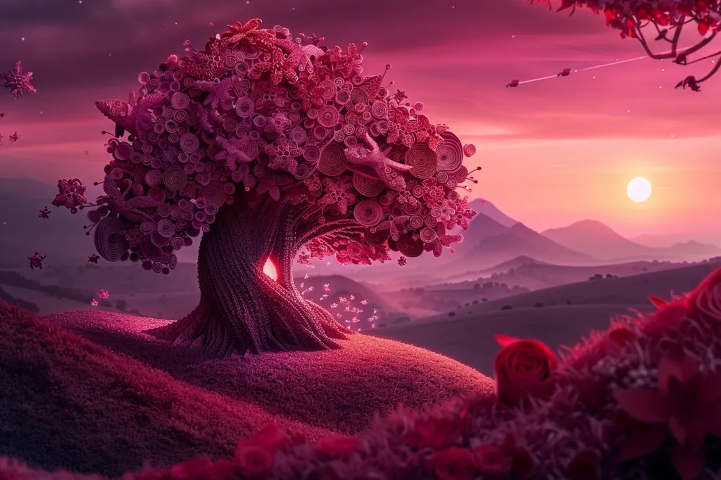 A large, intricately detailed tree made of pink paper swirls stands on a grassy hill, its branches reaching towards a pink sky. The sun sets over a distant mountain range, casting a warm glow across the landscape. The scene is dreamlike and surreal, with delicate floral details and a soft, muted color palette.