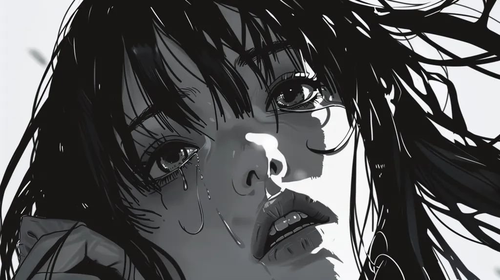 The image depicts a close-up of a woman's face in a black and white anime style. Her eyes are wide open, with tears streaming down her cheeks. Her mouth is slightly open, revealing her teeth, as if she is about to scream or cry out. Her long, black hair flows wildly around her head. The image evokes a sense of sadness, pain, and vulnerability.