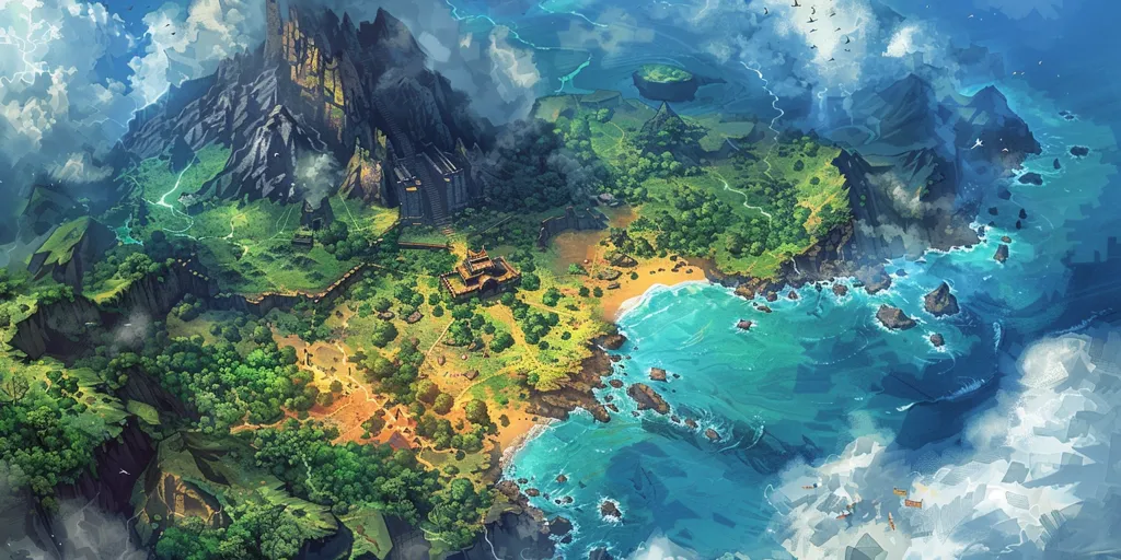 The image shows an aerial view of a lush island with a towering, rocky mountain in the background. The island is covered in green vegetation, with a sandy beach bordering a turquoise sea. The water is dotted with rocks and small islands, and the sky is filled with fluffy white clouds. A small village is nestled in the center of the island, with several buildings visible. The overall scene is serene and peaceful, with a sense of adventure and exploration.
