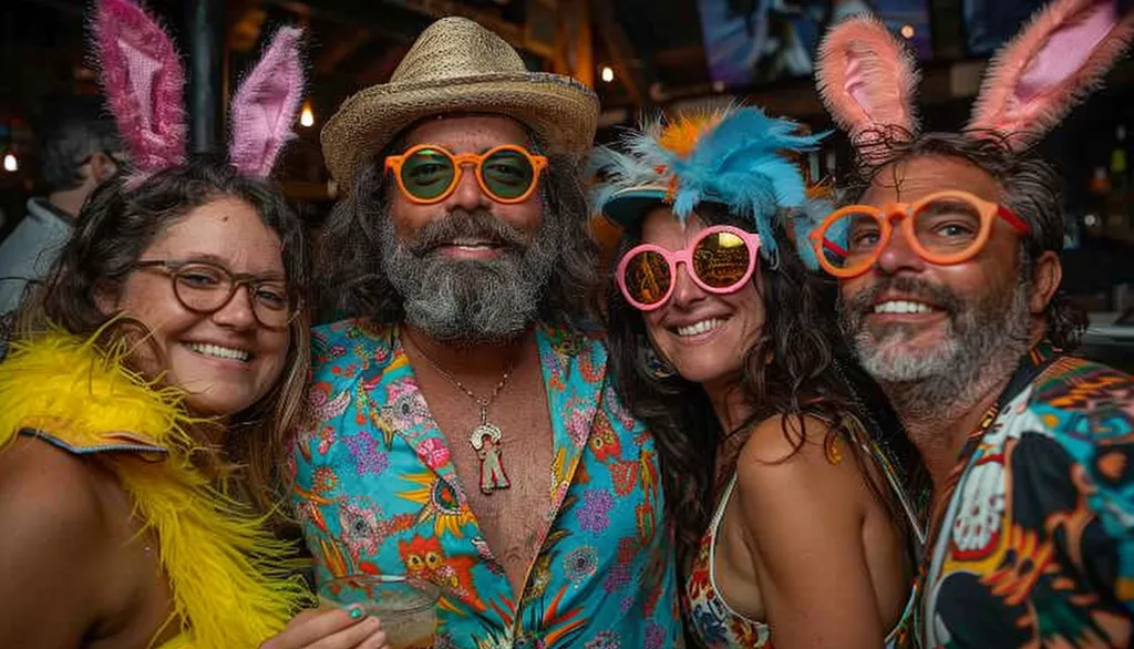 A group of four friends are posing for a photo at a party. The woman on the left wears a yellow feather boa and pink bunny ears. The man in the middle has a long beard and wears a colorful patterned shirt and a large silver necklace. The woman on the right wears a blue feathered headband and a pink and orange patterned dress. The man on the right wears a multicoloured shirt and a pair of bright orange and pink glasses.