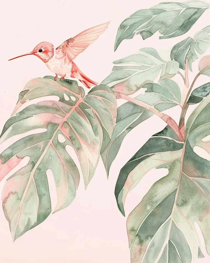 A delicate pink hummingbird with outstretched wings perches on a large, leafy green monstera plant. The leaves are painted with soft watercolor washes, creating a dreamy and whimsical scene. The background is a light pink, adding a subtle touch of color. The image evokes a sense of tranquility and beauty found in nature.