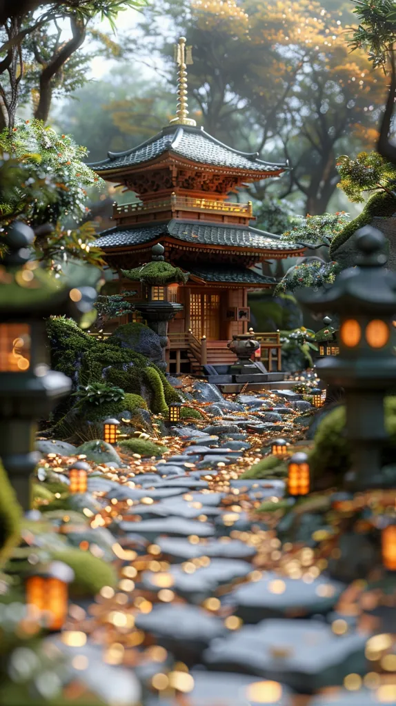 A serene Japanese temple with a multi-tiered roof stands in a lush forest setting. Stone steps and a pathway lead to the temple, framed by mossy rocks and foliage. Lantern lights illuminate the path, creating a warm and inviting ambiance. The temple's intricate details and the tranquil environment evoke a sense of peace and spiritual serenity.