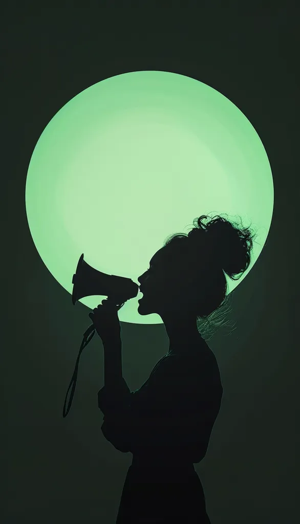The image features a silhouette of a woman holding a megaphone to her mouth, her face lit by a green circle of light. The woman's hair is pulled back in a bun and she is dressed in a long-sleeved shirt. The green circle of light is reminiscent of a full moon, suggesting that the woman is speaking out or making a statement in a public space. The dark background emphasizes the woman's silhouette and the powerful message she is delivering.
