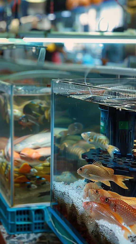 Two glass tanks filled with colorful fish sit on a blue counter. The tanks are lit from above, casting a bright light on the fish. One tank contains mostly orange and white fish, while the other contains mostly gray and silver fish. The fish are swimming in the clear water, creating a beautiful and peaceful scene.