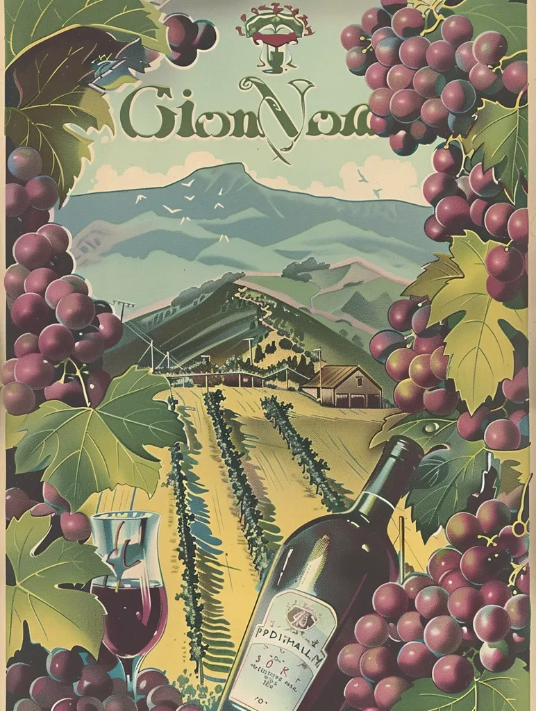 A vibrant vintage advertisement for "Gion Voda" wine features a lush vineyard scene. Bunches of ripe grapes, a bottle of wine, and a glass of red wine are prominently displayed against a backdrop of rolling hills. The advertisement emphasizes the quality and natural origins of the wine.