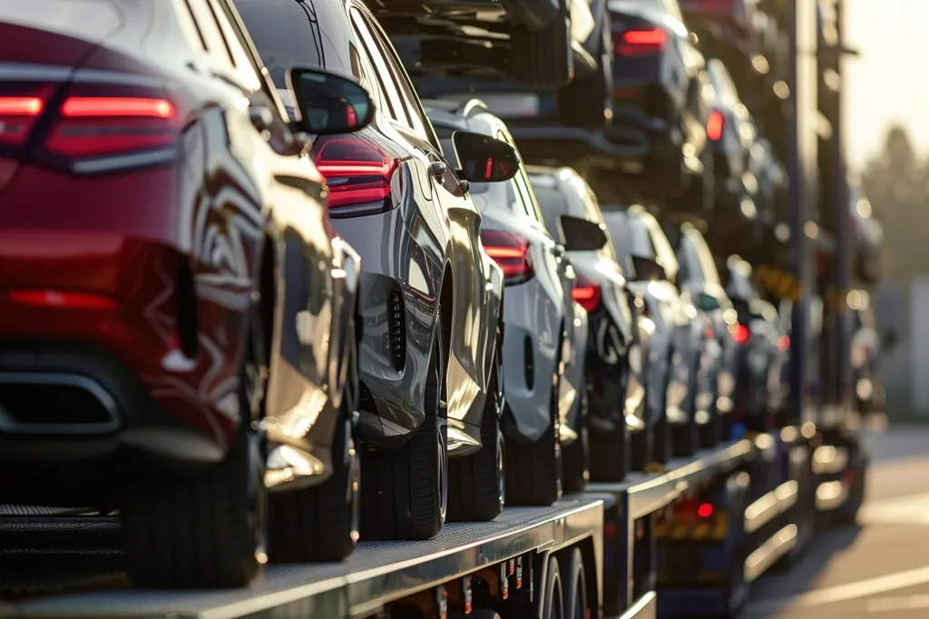 A row of new cars, likely sedans, are being transported on a flatbed truck. The cars are tightly packed together, and their taillights are visible. The truck is partially visible, with its tires and some of its frame in view. The image has a shallow depth of field, with the cars in the foreground being sharp, and those in the background being blurred. The lighting is warm and bright, suggesting a sunny day.