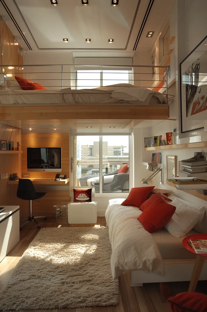 The image depicts a modern loft apartment with a white bed and fluffy rug in the foreground. A loft bed, with a desk underneath, is visible above. Large windows offer natural light and a view of the city. Red pillows and a bookshelf add pops of color to the minimalist space. The apartment is decorated with a contemporary aesthetic, featuring sleek lines and simple furnishings.