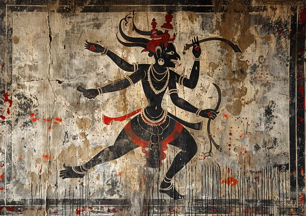 A black and red painting of a Hindu deity on a weathered wall. The figure has multiple arms and a crown, and is in a dynamic pose. The background is cracked and chipped, with splotches of red paint. The figure's details are faded, suggesting a significant age.