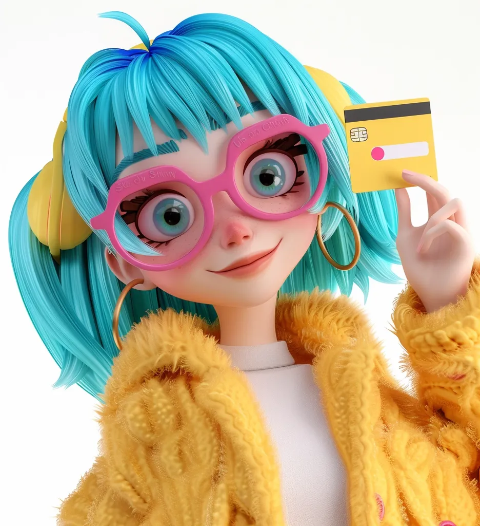 A cartoon girl with bright blue hair, wearing pink glasses and a yellow fuzzy jacket, holds a credit card in her hand. She has a big smile on her face and her eyes sparkle. The background is white. She looks happy and excited. The image is playful and whimsical.