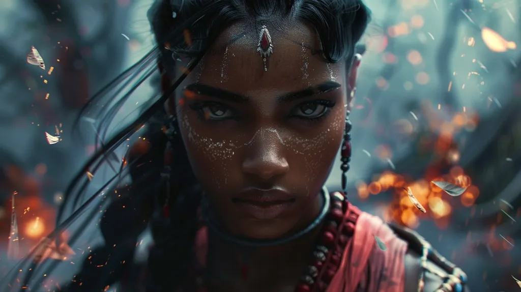 A woman with dark skin and long black hair stares intensely at the viewer. Her eyes are piercing and her lips are pressed together in a firm line. She is adorned with jewelry and her face is covered in shimmering white markings. The background is a blur of fire and smoke, creating a dramatic and powerful atmosphere.