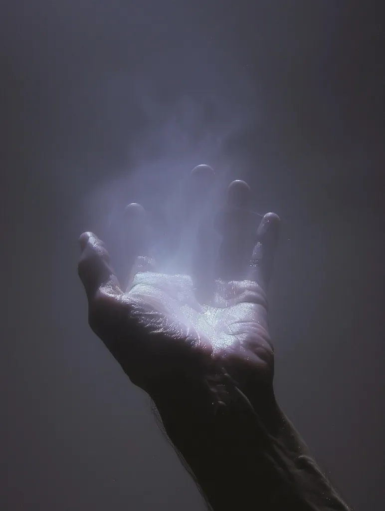 A hand reaches up towards the sky, emerging from a cloud of smoke. The hand is lit from above, creating a stark contrast against the dark background. The smoke creates a sense of mystery and intrigue, making the image feel otherworldly and ethereal. The overall effect is one of hope and possibility, as if the hand is reaching for something greater than itself.