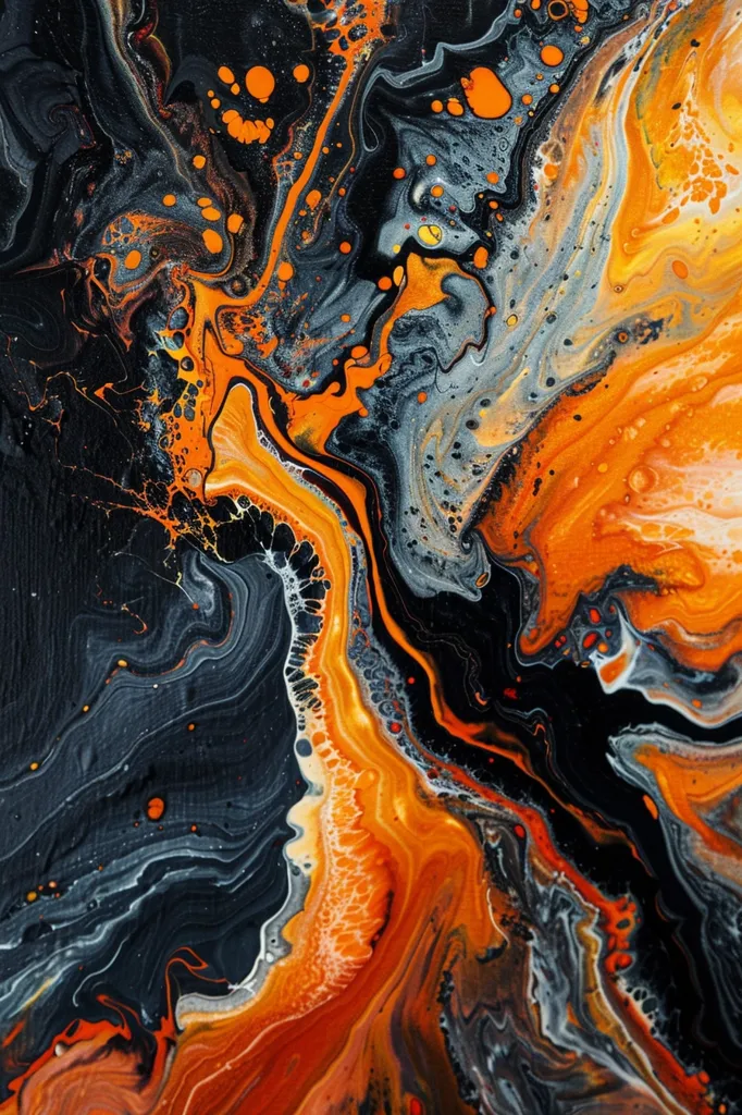 The image is an abstract painting with swirling patterns in shades of black, orange, and white. The paint appears to have been poured onto a surface and allowed to flow freely, creating an organic and mesmerizing effect. Small droplets of orange paint are scattered throughout the composition, adding a sense of energy and movement.  The artwork evokes a sense of depth and mystery, inviting the viewer to explore its intricate details.