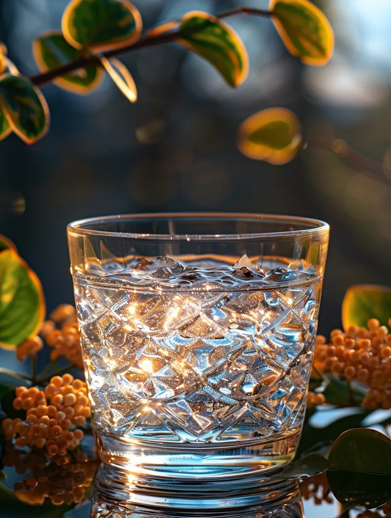 A glass of water with ice sits on a table with a leafy plant in the background. The light reflects off the ice in the water, creating a sparkling effect. The glass is clear and has a diamond-shaped pattern. The plant is out of focus and has yellow-green leaves. The image has a warm, summery feel.