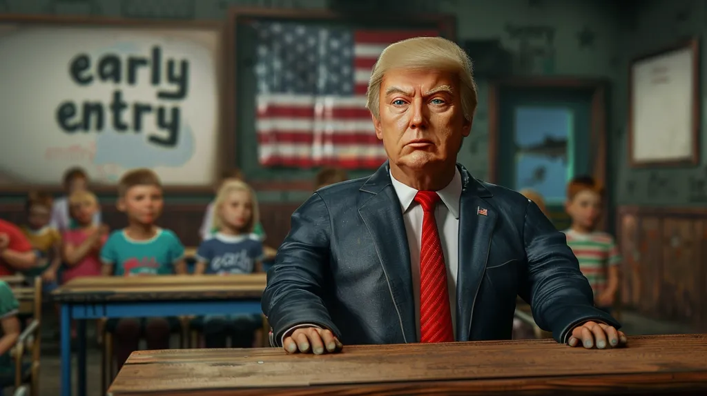 Donald Trump sits at a wooden desk in a classroom setting. He is wearing a dark blue suit, a red tie, and has a serious expression on his face. The American flag is visible behind him, and a sign with the words "early entry" is in the background. A group of children are seated behind him, blurred in the background. The image suggests a political statement or satire, perhaps referencing the American education system or Trump's policies.