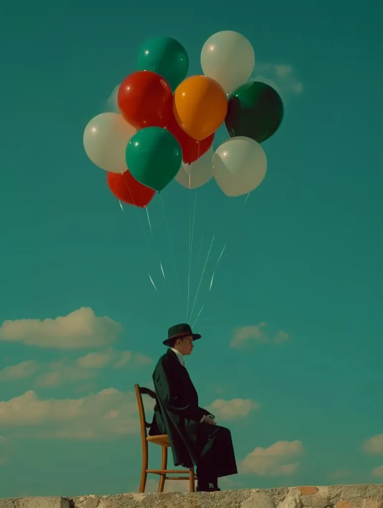 A man in a black suit and hat sits on a wooden chair against a blue sky with white clouds. Above him, a bunch of colorful balloons float on strings, some red, green, white, orange, and others. The image is reminiscent of surrealism with its whimsical juxtaposition. The man appears contemplative, as if lost in thought while the balloons symbolize  dreams or aspirations.