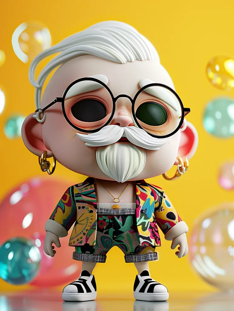 A cartoon character, an older man with white hair, a mustache, and a thick white beard, is depicted in a colorful outfit. He wears a brightly colored patterned shirt and shorts and black and white sneakers. He has large round eyeglasses and wears a gold chain necklace. The background is bright yellow with large colorful bubbles.