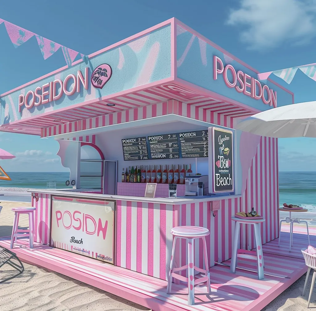 A pink and white striped beach bar named Poseidon Beach is situated on a sandy beach with ocean views. The bar has a menu board listing various drinks and is equipped with a coffee machine. There are stools for customers to sit on and enjoy the ocean breeze. The beach bar has a fun and festive atmosphere, perfect for a day by the sea.