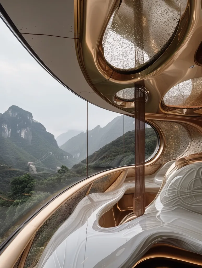 The interior of a futuristic building features a curved, metallic ceiling with large, rounded windows. The windows offer a panoramic view of a mountainous landscape. The space is illuminated by natural light filtering through the windows and creating a soft glow on the smooth white surfaces. A flowing, abstract sculpture hangs from the ceiling.