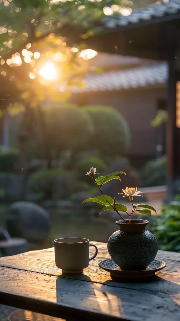 A wooden table sits in the warm glow of a setting sun, with a cup and a flower vase in the center.  The vase, a textured dark blue, holds a small sprig of white flowers. The sun casts a soft, golden light on the scene, creating a serene and peaceful atmosphere.  The background is blurry, hinting at a garden or outdoor setting.  The simple composition conveys a sense of tranquility and beauty.