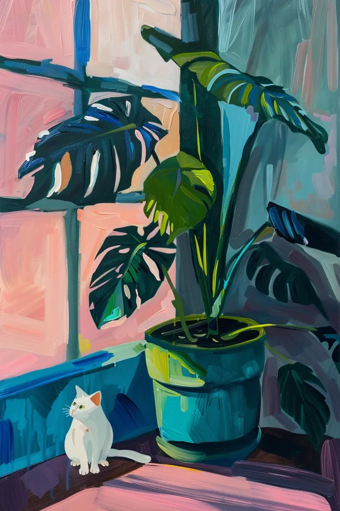 A white cat sits near a large potted plant. The plant has large green leaves and is in a turquoise pot. The background is a pink wall with a window and a blue ledge. The painting is done in bold strokes, giving it a modern feel. The scene is simple but vibrant, full of life and color.
