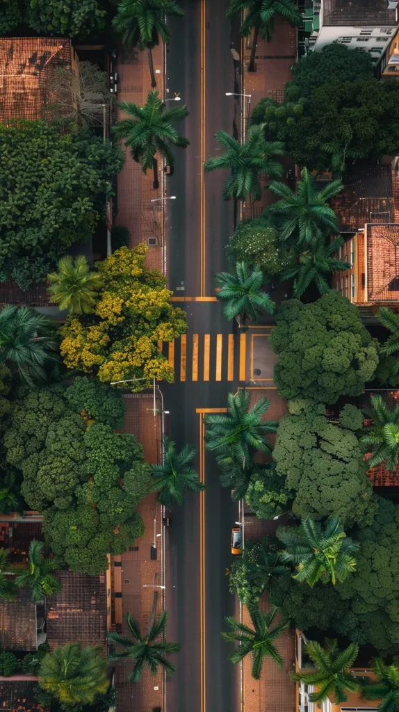 An aerial view of a street lined with palm trees, houses, and lush greenery. The road has yellow dividing lines and a pedestrian crosswalk. The image is taken from a high angle, giving a unique perspective of the urban landscape. The vibrant green foliage and the straight lines of the road create a visually appealing composition.