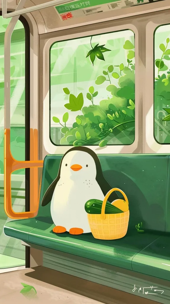 A cartoon penguin sits on a green train seat, holding a basket of vegetables. It is looking at the camera with a happy expression. The window behind the penguin shows a green, leafy scene outside. The train is painted in white, green, and orange.  There is a sign above the window, but the text is in an Asian language.  The scene is playful and whimsical.