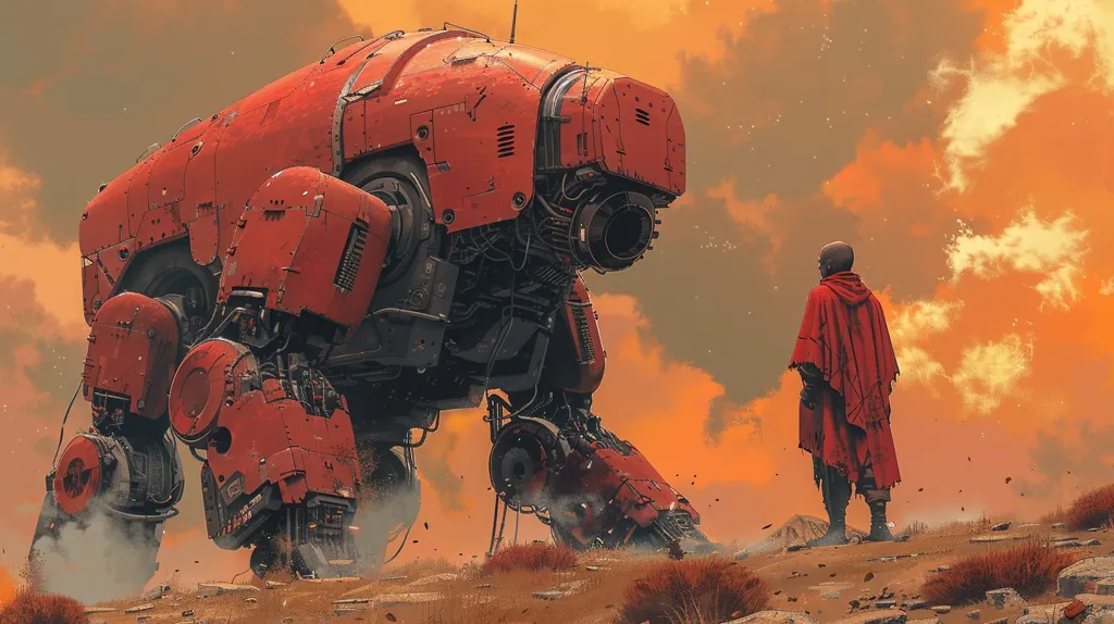 A large, red, mechanized beast stands in a barren, rocky landscape. Its powerful legs and intricate mechanical parts suggest immense strength. A solitary figure, clad in a red cloak, stands in the foreground, gazing at the behemoth. The setting sun casts an orange glow across the sky, creating a dramatic and awe-inspiring scene.