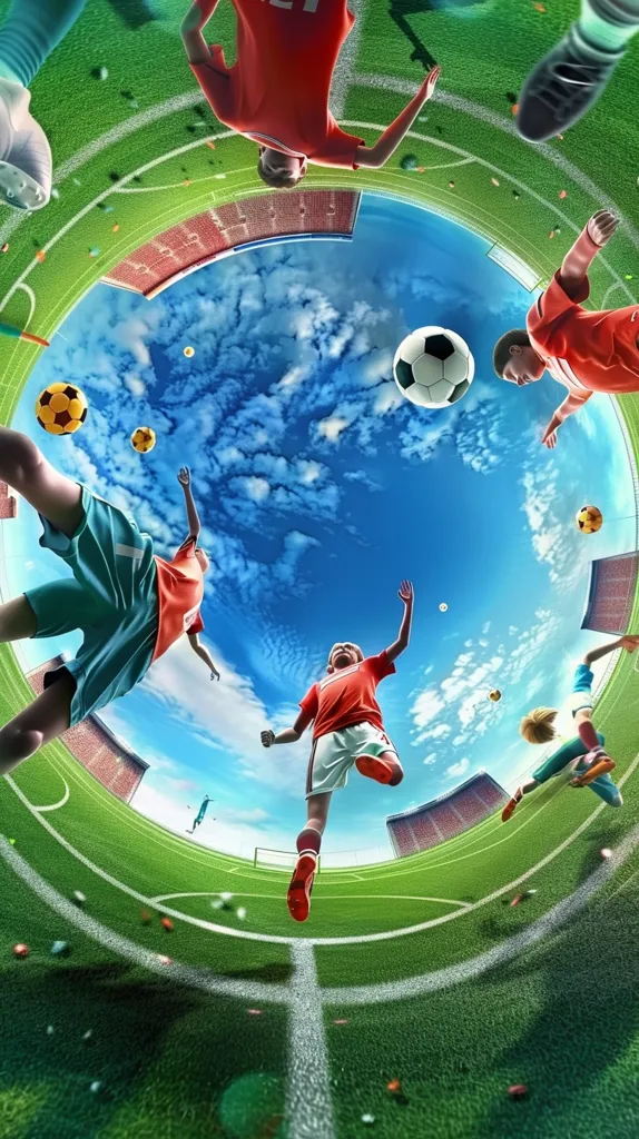 The image shows a soccer field from a unique perspective, as if the viewer is standing in the middle of the field looking up at the sky. There are several soccer players in the air, kicking a ball or about to kick a ball. The sky is a bright blue with white fluffy clouds. The soccer field is green and surrounded by bleachers. The image is vibrant and captures the excitement of soccer.