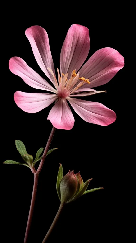 A single pink flower with delicate petals is the focal point of the image. The flower is in full bloom and has a yellow center. It is set against a black background, making the flower pop. The stem is slender and the leaves are green. There is an unbloomed bud on the stem. The lighting is soft and the overall mood is peaceful.  The image is a celebration of nature's beauty.