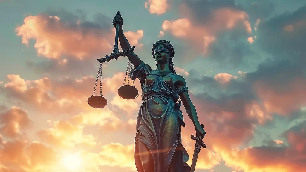A statue of Lady Justice stands tall against a vibrant sunset sky. Her blindfold symbolizes impartiality, and she holds a sword and scales, representing justice and balance. The warm glow of the setting sun casts a golden light on the statue, emphasizing the importance of justice in society.