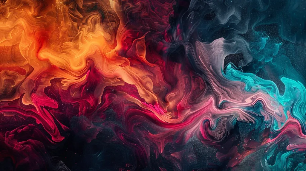 The abstract image is dominated by swirling, vibrant colors that appear to be a mixture of paint and smoke.  The dominant colors are crimson red, golden yellow, turquoise blue, and dark grey.  The colors intermingle, creating an illusion of depth and movement.  The background is a dark, mottled grey, reminiscent of a starry night sky.  The overall impression is one of energy, chaos, and beauty.